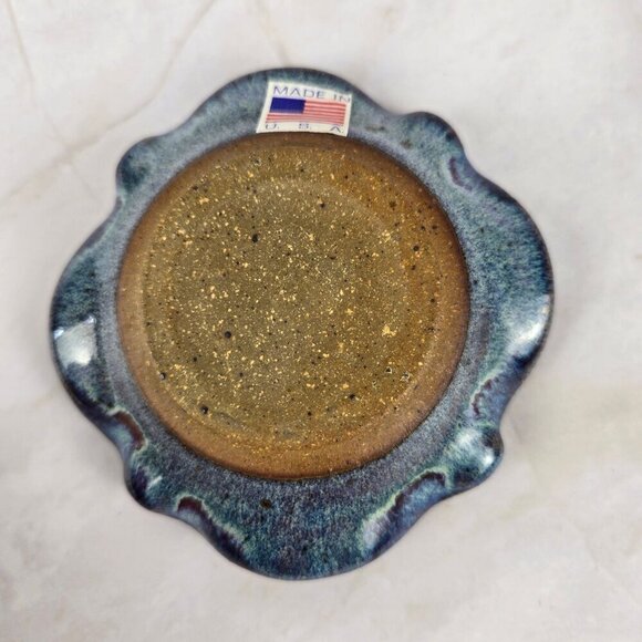 Vintage Small Studio Art Pottery Trinket Dish/Ashtray Blue Glaze Fused Glass - Picture 5 of 7
